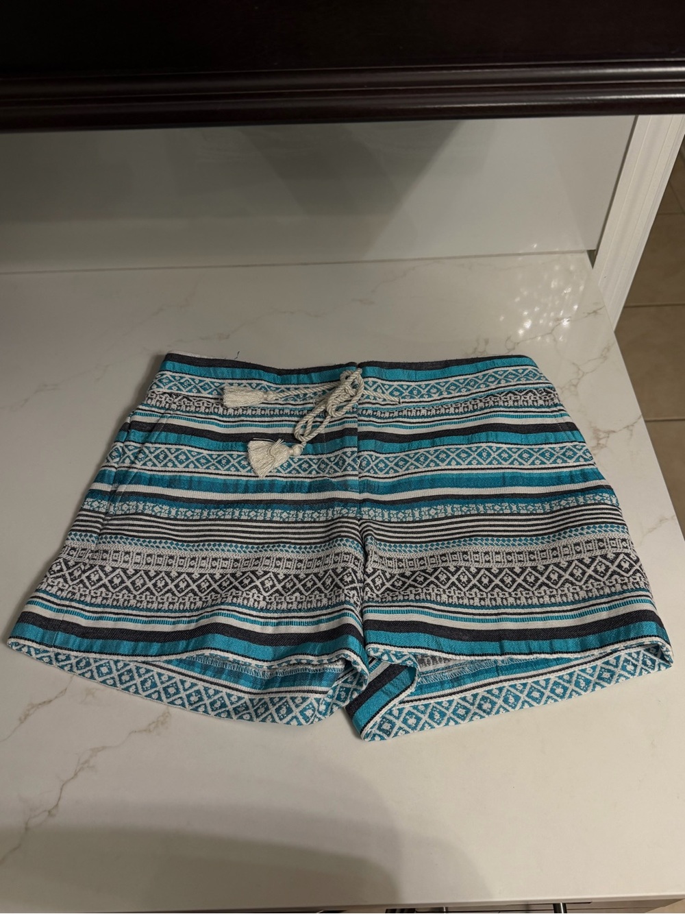 LOFT Turquoise, Black & White Patterned Drawstring Shorts
